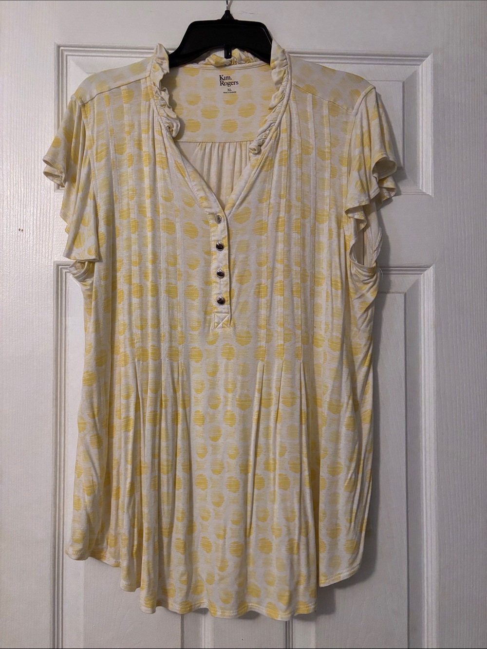 Kim Rogers Cream and Yellow Polka Dot Ruffle V-Neck Blouse